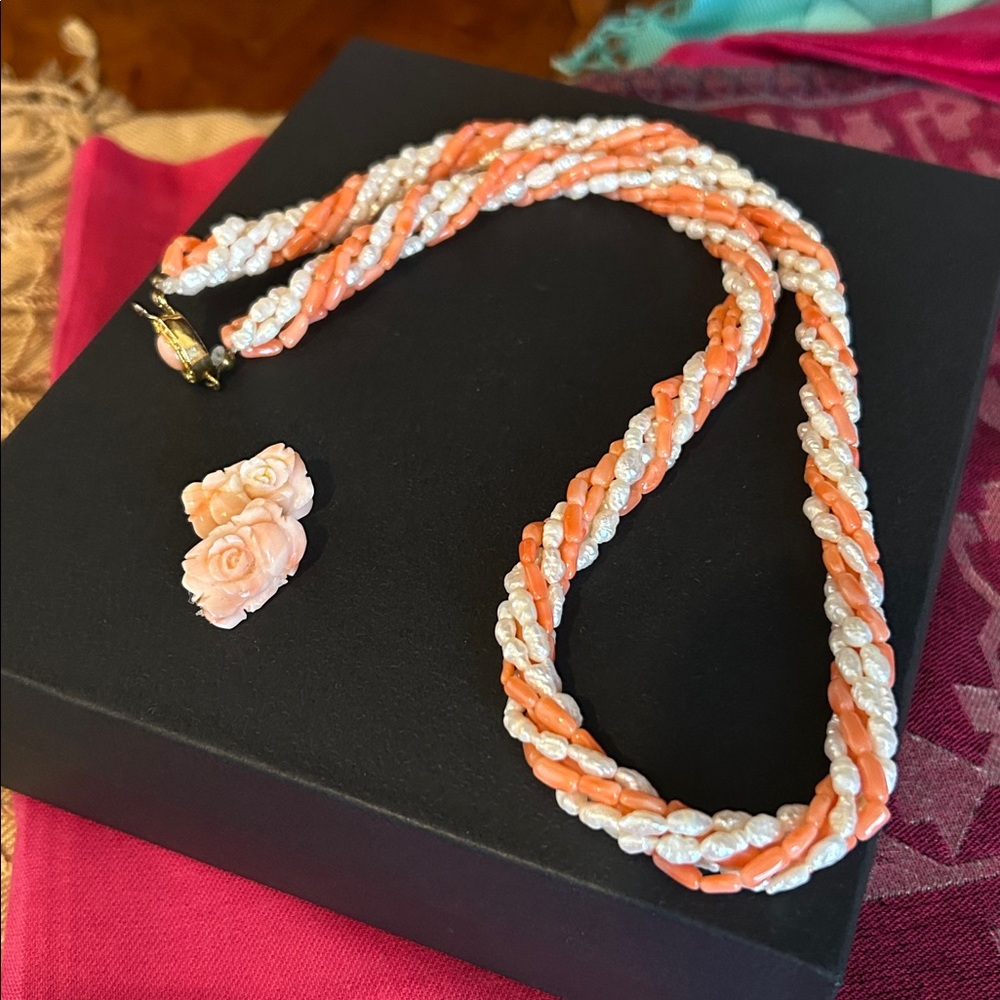 Vintage!! Genuine Coral and Pearl Multi Strand Necklace and Earrings Set